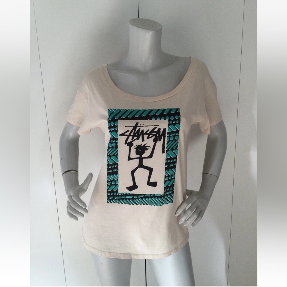 Stussy Cream and Black Graphic Tee Size S